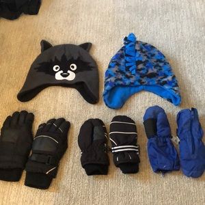 boys gloves and hat set! 3 pairs of gloves, 2 hats